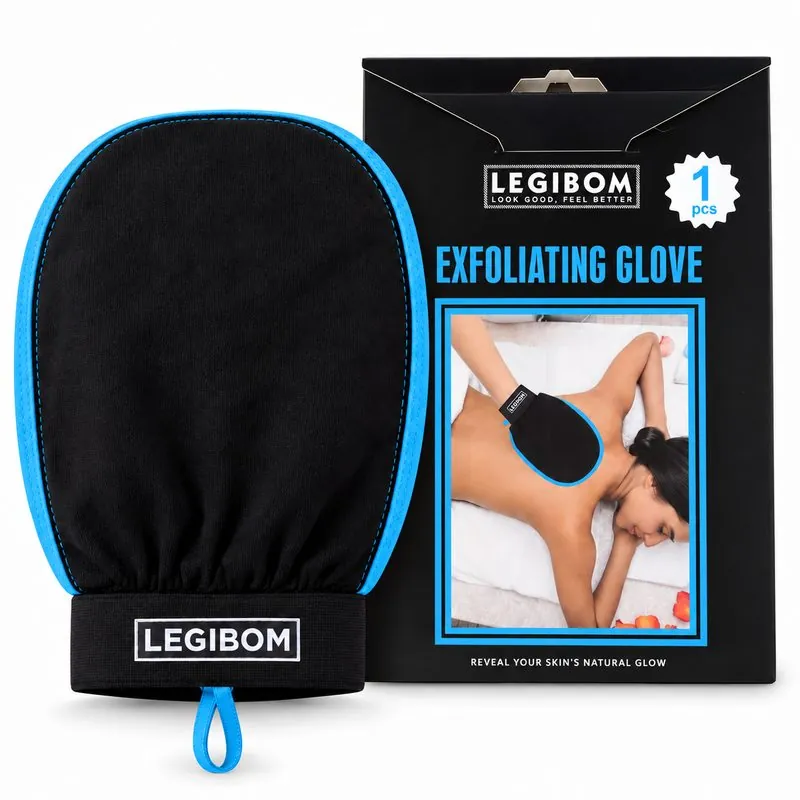 Legibom blue trim exfoliating mitt with its retail box