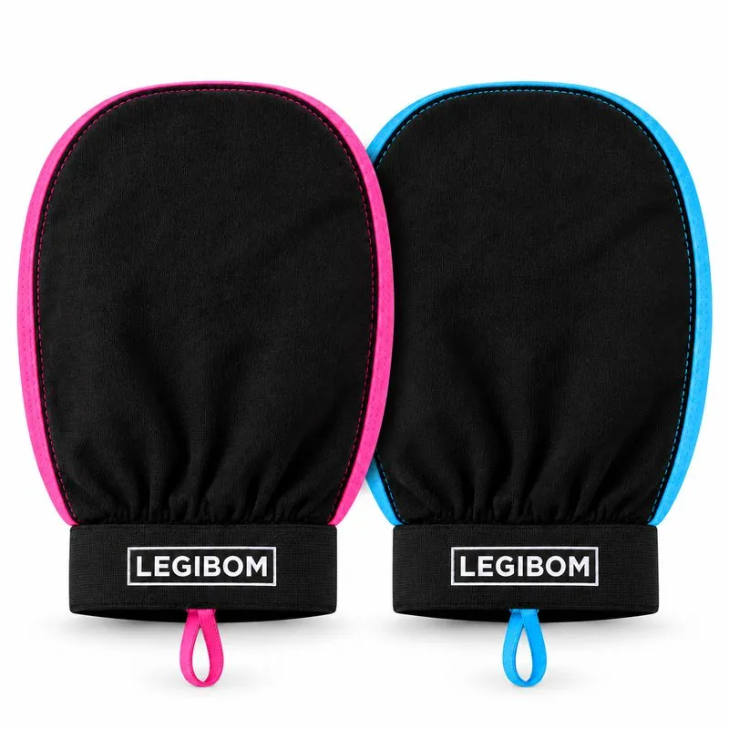 Legibom exfoliating gloves 2-pack, one pink trim and one blue trim
