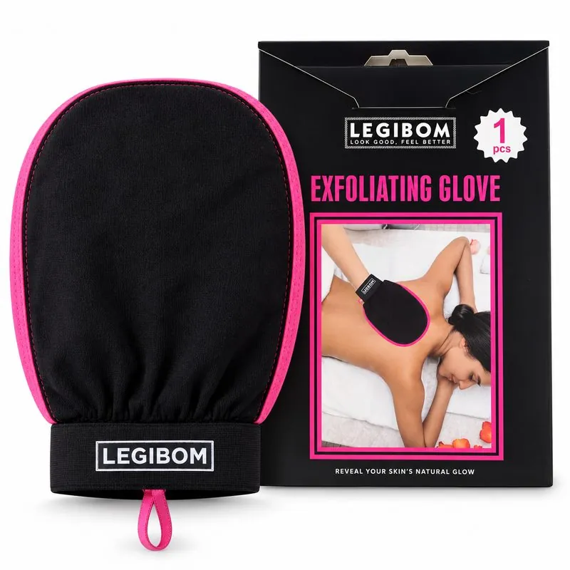 Legibom pink trim exfoliating mitt with its retail box